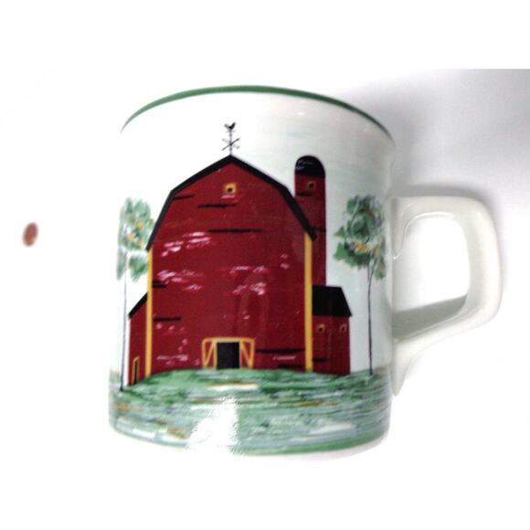 Tienshan Stoneware Coffee Mugs 2 Farm House Prairie Red Barn 14oz Tea Cups New - Picture 2 of 6